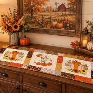 Embroidered Pumpkin Patchwork Table Runner | Farmhouse Autumn Quilt, Country Decor