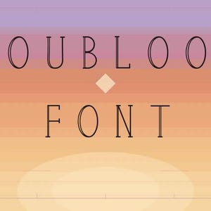 May include: A digital graphic featuring the text DOUBLOON FONT in a thin, black, serif typeface. The background consists of horizontal gradient stripes transitioning from light purple at the top to orange and yellow at the bottom.