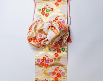 Japanese Obi Wall Hanging – Chrysanthemum & Seigaiha Kimono Tapestry, Pure Silk, One of a Kind Textile Art