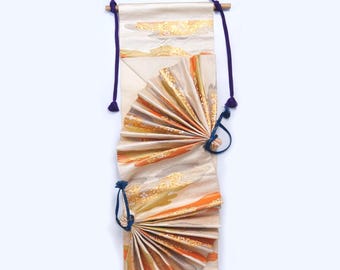 Japanese Obi Wall Hanging – Michinaga Pattern Kimono Tapestry, Pure Silk Textile Art
