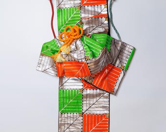 Japanese Obi Wall Hanging – Leaf Motif Kimono Tapestry, Vintage Silk Textile Art, One of a Kind