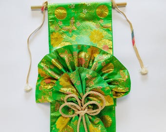 Japanese Obi Wall Hanging – Kin-nou Fortune Bag – Green Silk Kimono Tapestry, Upcycled Textile Art