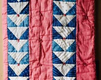 Vintage Lovey Old Aged Hand Made Red And Blue Quilt