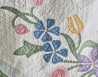 Vintage Sweet And Shabby Hand Stitched Appliqué Quilt