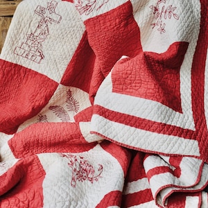 Antique Redwork Quilt: Hand-stitched Red and Cream, Aged Patina