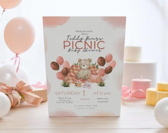 May include: A pink and white baby shower invitation with a teddy bear sitting on a picnic blanket. The invitation says "Teddy Bears Picnic Baby Shower" and includes the date, time, and RSVP information.