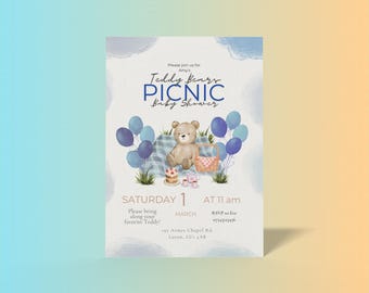 May include: A blue and white baby shower invitation with a teddy bear sitting on a picnic blanket with a basket and balloons. The text reads "Teddy Bears Picnic Baby Shower" and "Saturday 1 March AT 11 am".