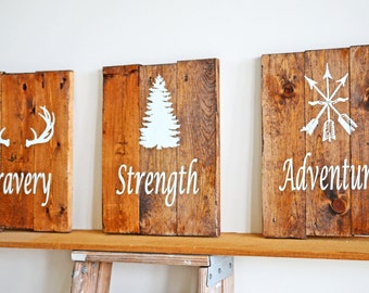 Reclaimed Wood Art, Rustic Nursery Decor, Woodland Decor, Bravery, Adventure Set, Rustic Childs Room Decor, Nursery Decor, Woodland Art