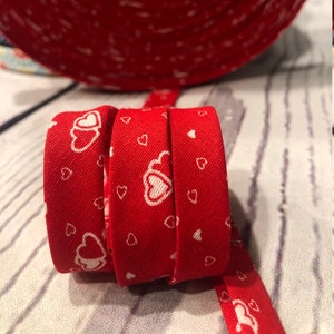 Bias Tape - 1/2 inch - Double Fold - Red Double Heart Print - Homemade - 100% Cotton - 2.35 per yard