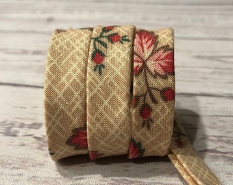 Bias Tape - 1/2 inch - Double Fold -Tan and pink floral Print - Homemade - 100% Cotton - 2.35 per yard