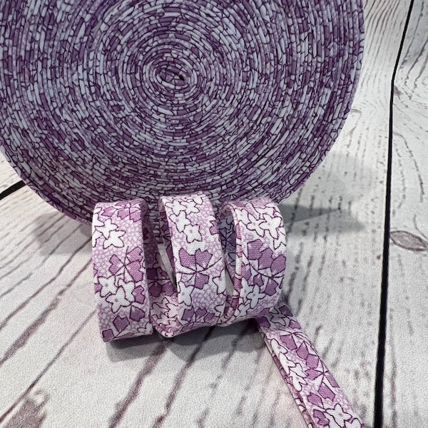 Bias Tape - 1/2 inch - Double Fold -  Purple and White Flower Print - Homemade - 100% Cotton - 2.35 per yard