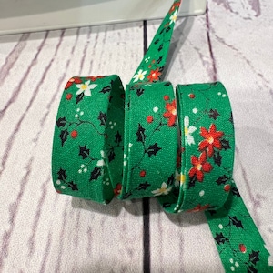 Bias Tape - 1/2 inch - Double Fold -  True Vintage Green Holiday Print - Homemade - 100% Cotton - 2.35 per yard