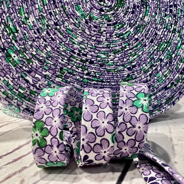 Bias Tape - 1/2 inch - Double Fold -  Purple, Green and White Floral Print- Homemade - 100% Cotton - 2.35 per yard