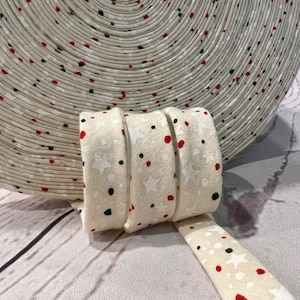 Bias Tape - 1/2 inch - Double Fold -  White Holiday Print - Stars - Homemade - 100% Cotton - 2.35 per yard