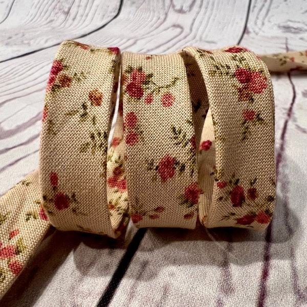 Bias Tape - 1/2 inch - Double Fold -  Beige Floral Print - Homemade - 100% Cotton - 2.35 per yard