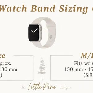 The image is a guide for Apple Watch band sizes, providing the recommended size for different watch models.