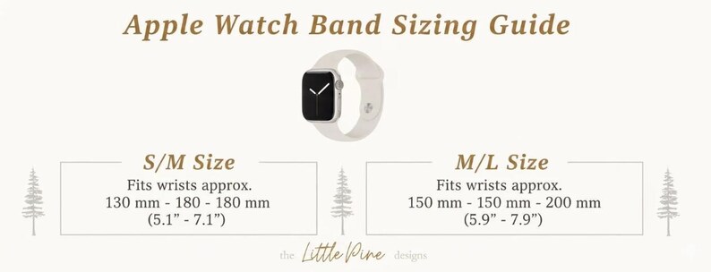 The image is a guide for Apple Watch band sizes, providing the recommended size for different watch models.