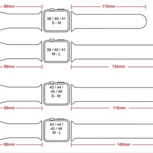 a series of four different sizes of smartwatches, each with a corresponding diagram and measurements. The sizes are represented by the text "38/40/41", "42/44/45", "45/49/50", and "M-L", indicating the watch band sizes. The diagram provides a visual representation of the watch band sizes, making it easier to understand the different sizes available.