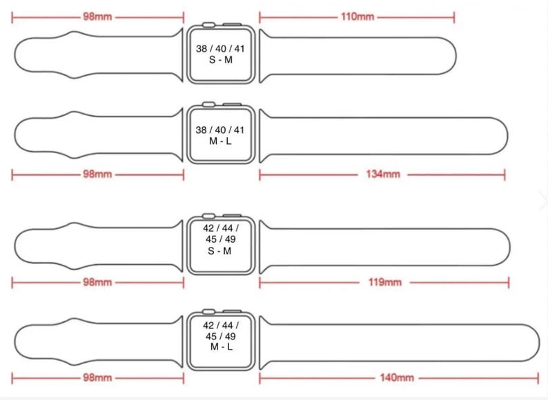 a series of four different sizes of smartwatches, each with a corresponding diagram and measurements. The sizes are represented by the text "38/40/41", "42/44/45", "45/49/50", and "M-L", indicating the watch band sizes. The diagram provides a visual representation of the watch band sizes, making it easier to understand the different sizes available.