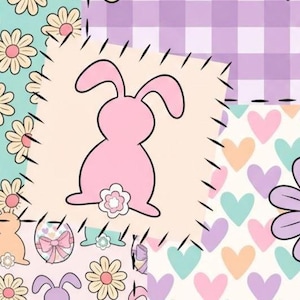 Op de afbeelding: Een patchworkontwerp met een roze konijnensilhouet met een bloemaccent, omgeven door bloemen- en hartpatronen in pastelkleuren. Het ontwerp bevat een ruitpatroon en gestikte randen, waardoor een grillig Paasthema ontstaat.