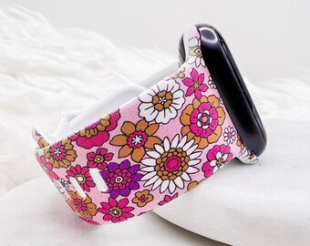 Pinkes Retro-Blumen-Uhrenarmband, kompatibel mit Apple Watch, Fitbit, Samsung und Garmin