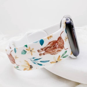 Floral Highland Cow Watch Band compatible with Apple Watch Fitbit Samsung