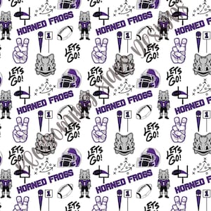 May include: A white fabric pattern featuring purple and grey football-themed graphics including horned frog mascots, football helmets, goal posts, footballs, peace signs, and the text "HORNED FROGS" and "LETS GO!" repeated across the surface.