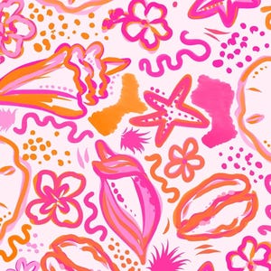 Peut inclure: Un motif répétitif et vif avec des illustrations stylisées de fleurs, d'étoiles de mer et de formes abstraites dans des tons de rose et d'orange sur fond blanc. Le design a une ambiance estivale et ludique.