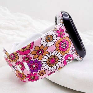 Pink Retro Flowers Watch Band compatible with Apple Watch Fitbit Samsung