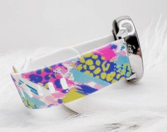 Correa de reloj con estampado de leopardo en tonos pastel, compatible con Apple Watch, Fitbit y Samsung.