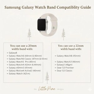 The image is a Samsung Galaxy Watch Band Compatibility Guide that provides information on the maximum band width that can be used with different models of Samsung Galaxy Watch Series.