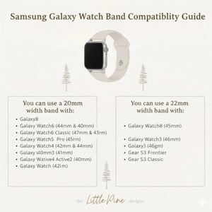 The image is a Samsung Galaxy Watch Band Compatibility Guide that provides information on the maximum band width that can be used with different models of Samsung Galaxy Watch Series.