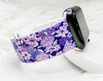 Correa de reloj Lilly Inspired Purple Turtle Floral compatible con Apple Watch, Fitbit y Samsung.