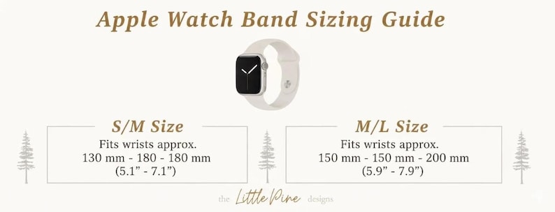 The image is a guide for Apple Watch band sizes, providing the recommended size for different watch models.