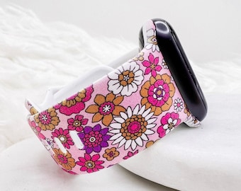 ピンクのレトロフラワーウォッチバンド（Apple Watch、Fitbit、Samsung、Garmin対応）