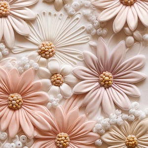 May include: Close-up of a floral design featuring various flowers in shades of pink, cream, and white. The flowers have textured petals and detailed centers, with small bead-like accents. The overall aesthetic is soft and delicate.