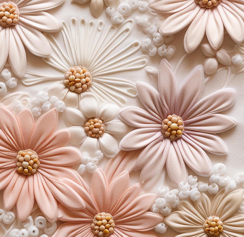 May include: Close-up of a floral design featuring various flowers in shades of pink, cream, and white. The flowers have textured petals and detailed centers, with small bead-like accents. The overall aesthetic is soft and delicate.