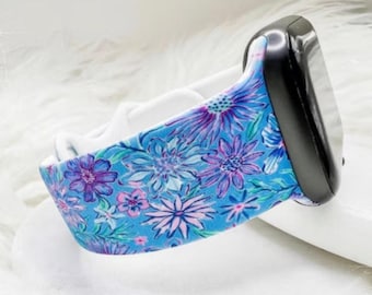 Correa de reloj Lilly Inspired con estampado floral azul y morado, compatible con Apple Watch, Fitbit y Samsung.