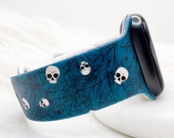 Turquoise Skull & Spiderwebs-horlogeband compatibel met Apple Watch Fitbit Samsung