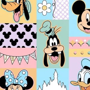 以下が含まれることがあります： ミッキーマウス、ミニーマウス、グーフィー、ドナルドダックなどの漫画のキャラクターが登場する、カラフルなディズニーをテーマにしたコラージュ。 デザインには花、ミッキーマウスのシルエット、そして「DISNEY」と書かれたバナーが含まれています。 背景はパステルカラーの正方形に分かれています。