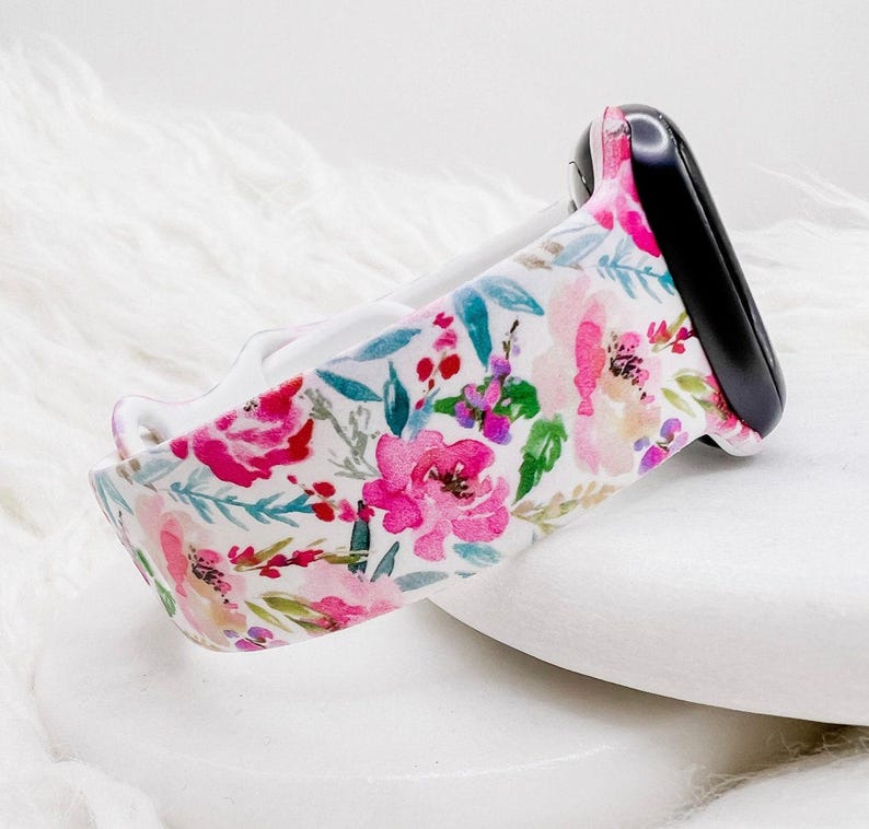 Printed Watercolor Peonies Watch Band compatible with Apple Watch Fitbit Samsung image 1