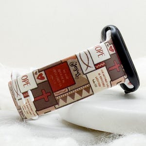 May include: A silicone watch band featuring a patchwork design with brown, tan, and red squares. The pattern includes the text HOPE, JESUS, and FOR NOTHING WILL BE IMPOSSIBLE WITH GOD LUKE 1:37, along with symbols of a cross, a heart, and a fish.