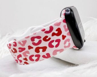 Correa de reloj con estampado de leopardo rosa y rojo, compatible con Apple Watch, Fitbit y Samsung.