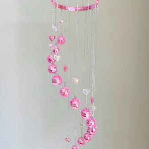 Pink Hearts Disco Ball Suncatcher: Retro Mirrored Party Decor