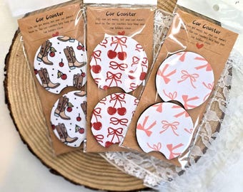 Girly Car Coasters: Coquette Bows & Cherries, Set of 2