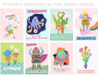Op de afbeelding: Printbare Galentine's Day-kaarten met illustraties van een eenhoorn, een octopus, cactussen, een koningin, theekopjes, een worstelaar, een vrouw met katten en bloemen. De kaarten hebben verschillende boodschappen, waaronder "Frank you for being a friend", "I wish I had more arms", "Let's stick together", "You are my cup of tea", "Ready to fight your battles", "Your friendship makes me feel warmer than snuggling all these kittens", and "These flowers are for you, they're super happy about it."