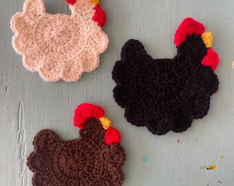 Posavasos de gallinas de ganchillo hechos a mano – Regalo personalizable para amantes de las gallinas, mamás, abuelas, decoración rústica
