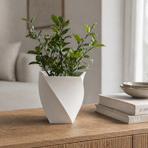 Può includere: Un vaso geometrico bianco con un design diagonale, contenente una pianta verde con piccole foglie. Il vaso è su una superficie di legno, con libri e una ciotola sullo sfondo. L'estetica generale è moderna e minimalista.