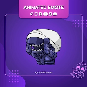 May include: Animated emote featuring a cartoon alien character in shades of purple and white. The alien is covering its face with its hands. The text "ANIMATED EMOTE" is at the top, with social media icons. The artist's name is at the bottom.
