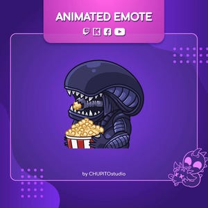 Op de afbeelding: Geanimeerde emote van een zwarte alien met een groot hoofd en een mond vol tanden, die een rode en witte emmer popcorn vasthoudt. De alien draagt een zwart pak met een zilveren borststuk. De emote is geplaatst tegen een paarse achtergrond.